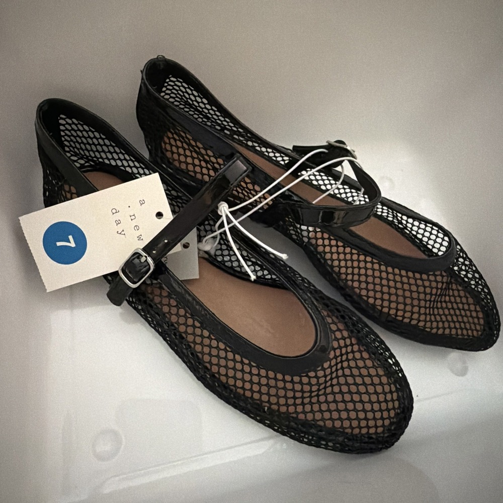 A New Day Women Black Mesh Mary Jane Ballet Flats Square Toe Size 7